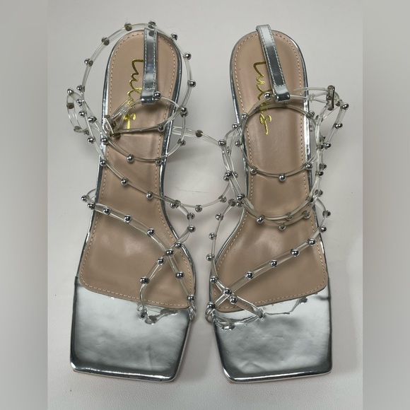 Lulus Silver Goosyy Silver Patent Studded High Heel Sandals Women size 11 - Picture 3 of 9